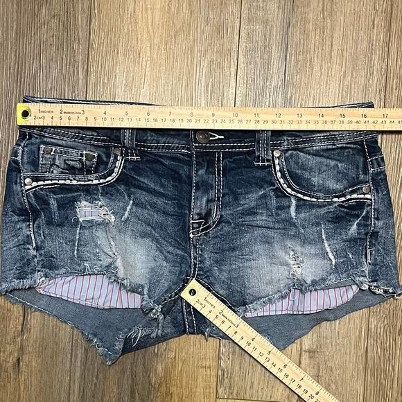 Shyanne Denim Shorts Womens 29 Blue Low Rise Raw Hem Distressed Stretch Bling - Picture 6 of 6